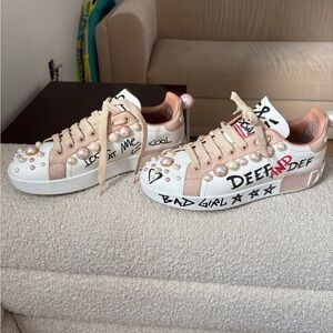 Dolce & Gabbana White and Pink Pearl Sneakers